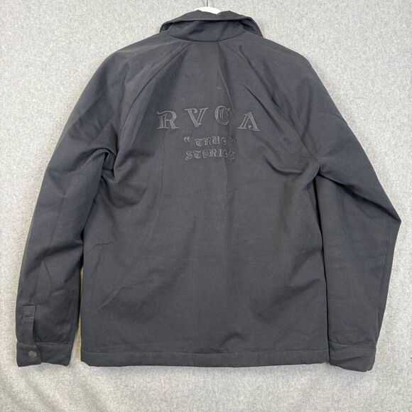 RVCA Mens Size Medium Button Front Barn Denim Jacket Thug Stories Black - Picture 10 of 10